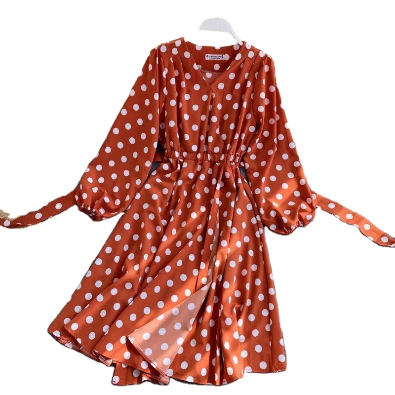 Fall Korean Style Women Polka Dot Midi Dress in Hot Sashes Vintage Elegant  Long Sleeve Green Dress Ladies Dresses