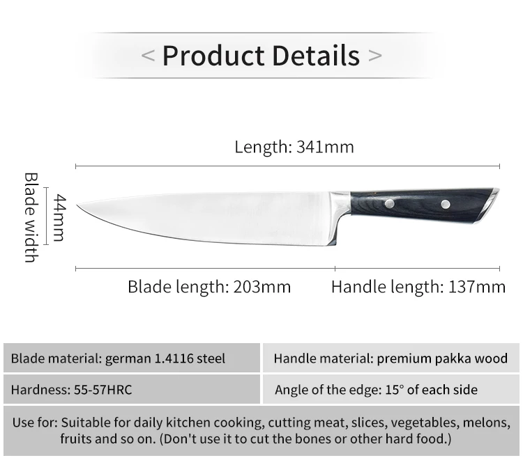 Best Choice for Home Kitchen 8 Inch German High Carbon Stainless Steel 5CR15MOV Pakka Wood Handle Chef Knife