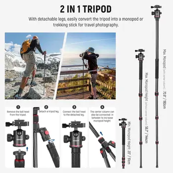 NEEWER 66"/168cm Carbon Fiber Tripod for Camera with 360° Panorama Ball Head, 1/4" Arca QR Plate, Portable Bag, Compact Travel product image