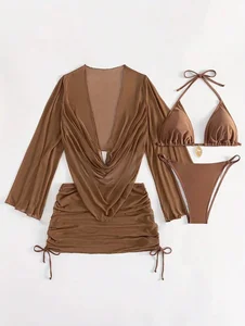 Sexy Woman's Long-Sleeved Beach Cover-Up with Logo on Waist Solid Color and Mesh Decoration for Bikini