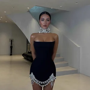 Nightclub Glamour Black Crystal Pearl Fringe Strapless Mini Bandage Dress Fashion Sexy Evening Gown