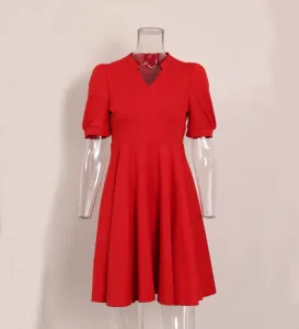 New TOB Shirt, Dress, Skirt, Solid Color Casual  V-Neck Bubble Sleeve Dress