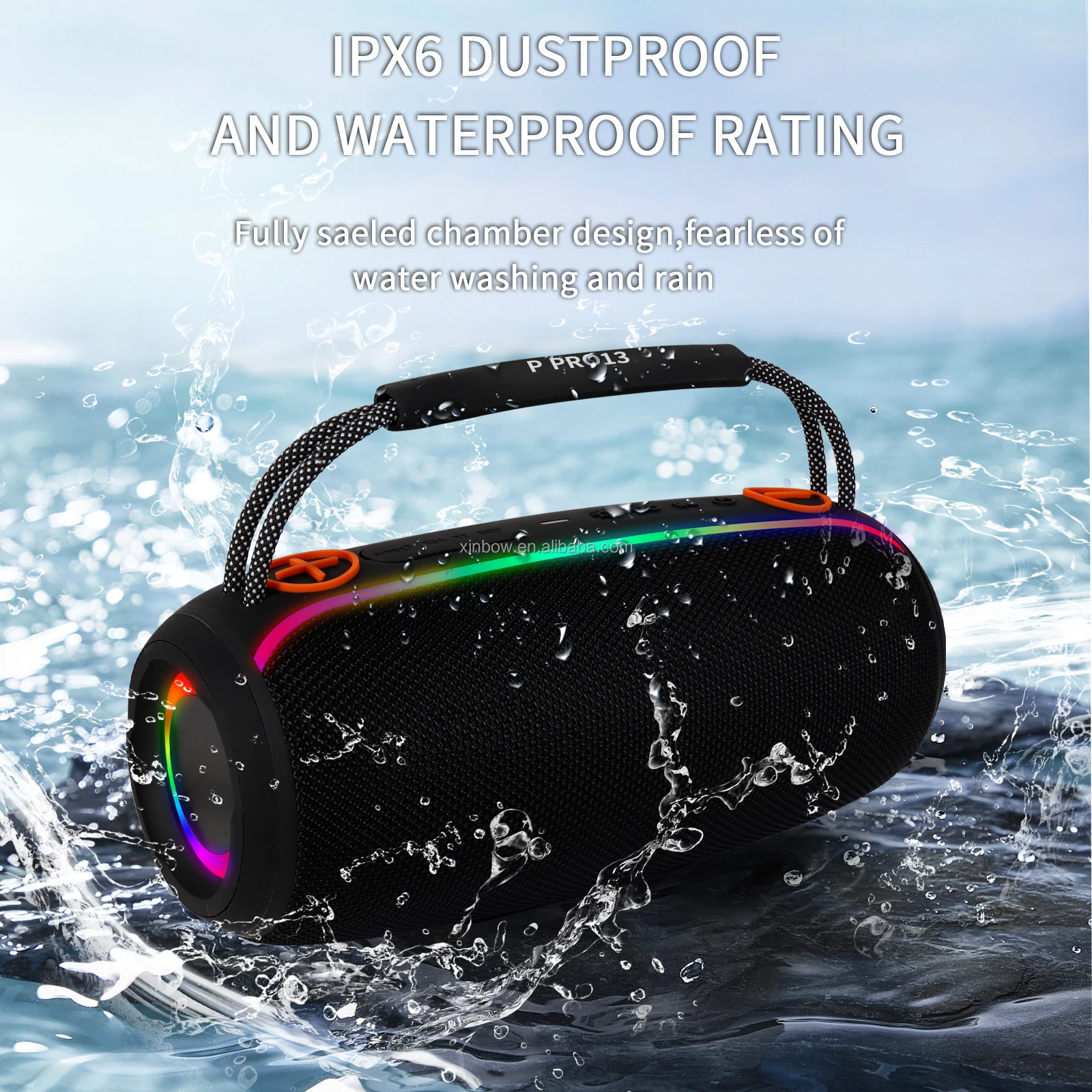 Altavoz Portátil P PRO13 Inalámbrico BT de 20W Tipo Boombox a Prueba de Agua IPX5 con Luces LED para Fiestas en Casa y Escenarios