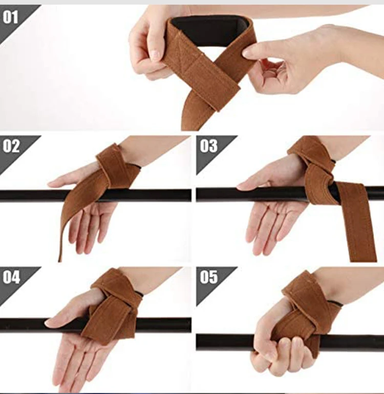 Custom Logo Gym Suede Leather Power Wrist Lifting Straps Neoprene Nylon