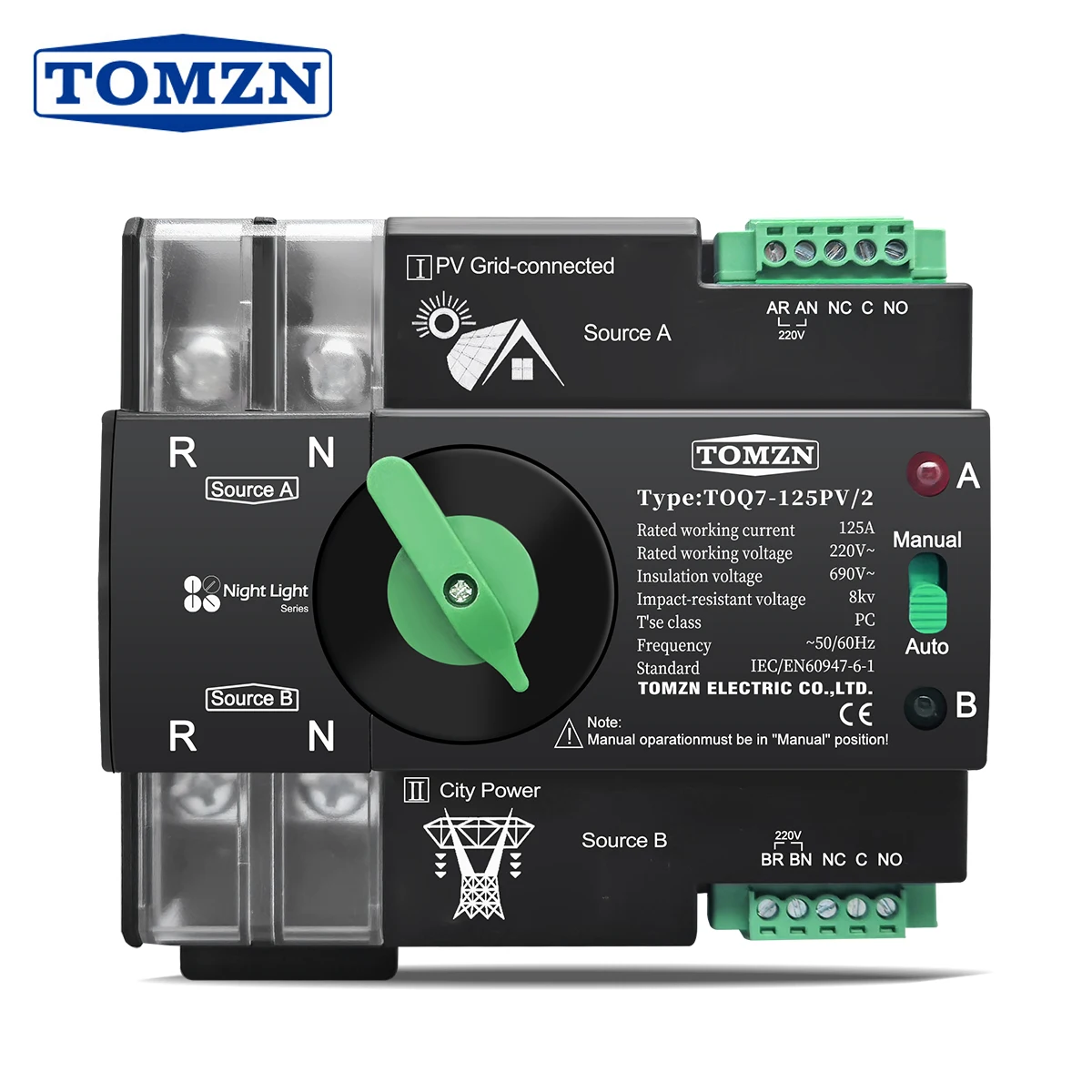 TOMZN 220V 230V Din Rail ATS for PV Dual Power Automatic Transfer Electrical Selector Switch Uninterrupted 2P 63A 100A 125A TOQ7