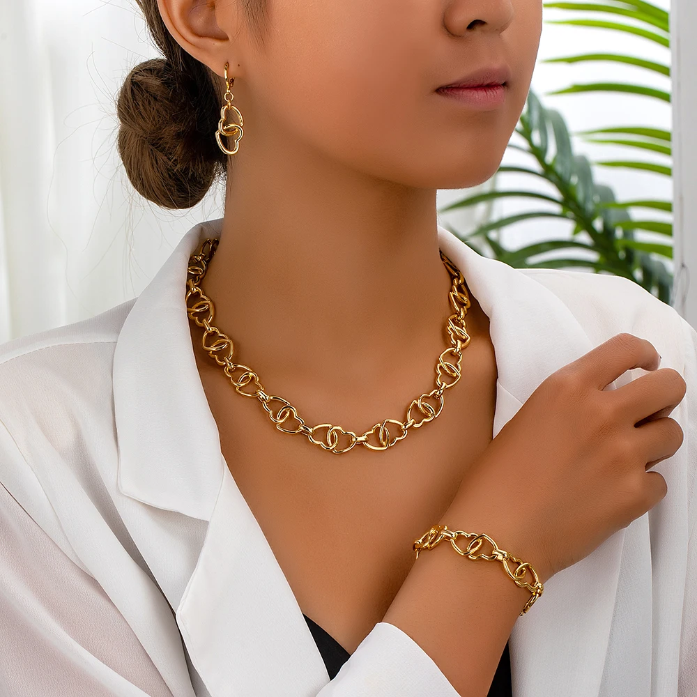product selling fashion accessories light luxury custom gold plated love chain necklace bracelet earrings set women-5