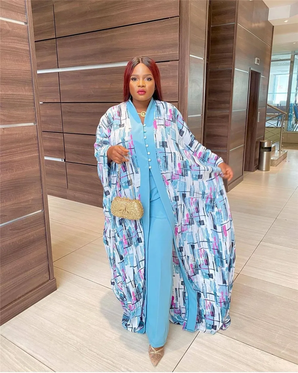 2023 Europe and America Printed Loose Trousers African Chiffon Robe Two-piece Suit Gowns for Women
