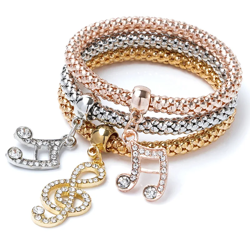 3PCS /SET Multilayer Charms Stretch bracelet Gold/Silver/Rose Gold Crystal Corn Butterfly Heart Elephant Chain Bracelet For Women Girls 