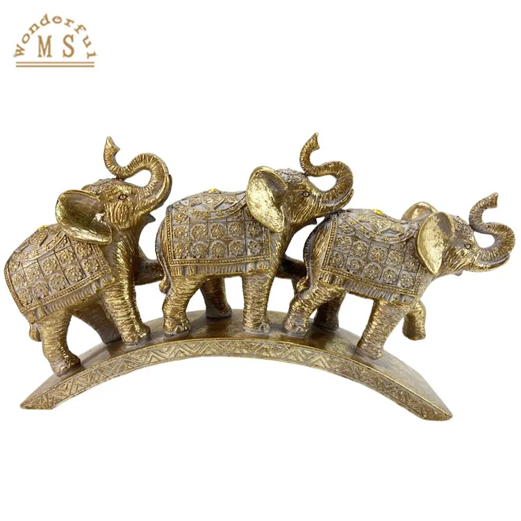 customized resin wooden brown family Elephants Figurines poly stone animal sculpture souvenir gifts for desk home decoration