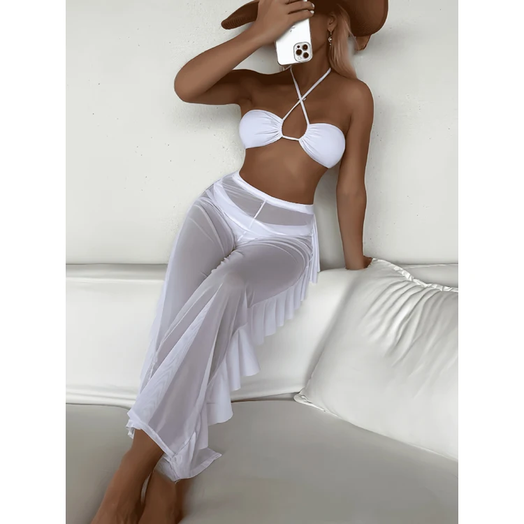 Hot Models Solid Color Mesh Bikini Ruffled Pants Bikini Solid Color Swimsuit Wholesale
