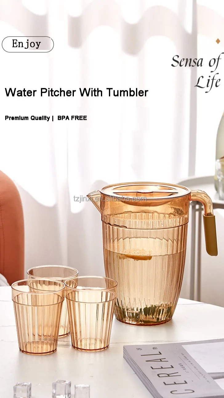 Clear Plastic Pitcher With Lid And 4 Tumbler Drinkware Set Perfect For