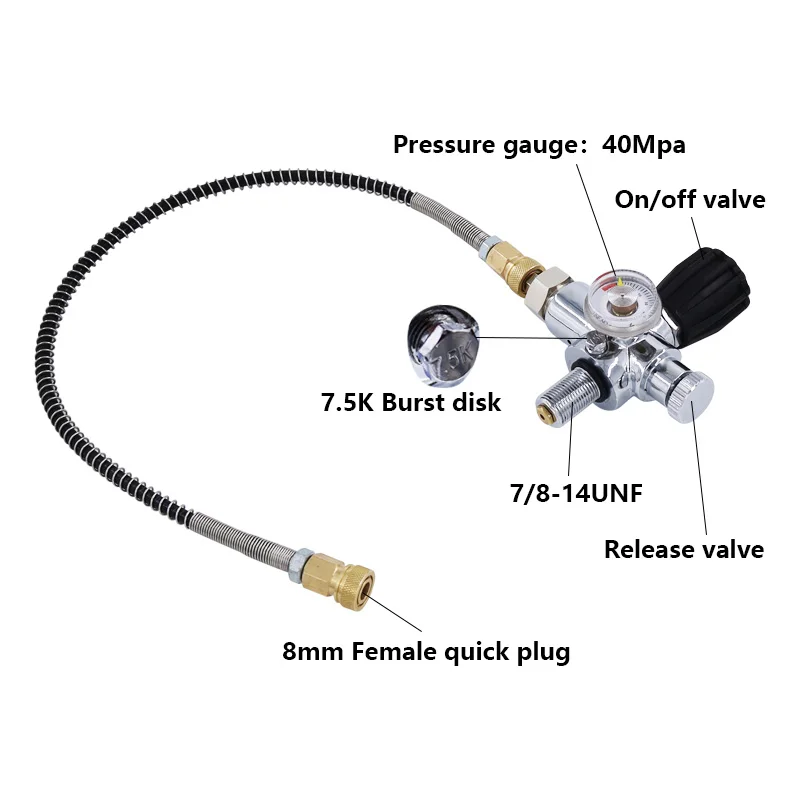 Adaptateur Valve DIN Sichuny Avec Manomètre – Remplissage PCP Haute Pression 400 Bar + Tuyau 24"