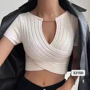 Women Sexy Hollow Chain Cross V-neck Knit Crop Tops T-shirt Slim-fit Casual Short Sleeve Elegant Knitted Tops Knitwear
