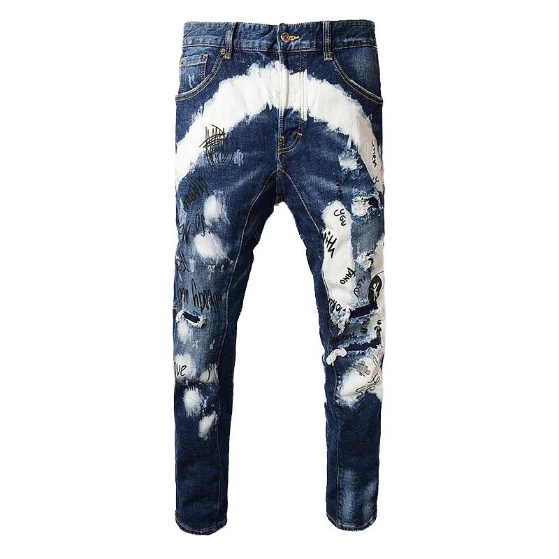 American Vintage Ripped Jeans Casual Stretch Slim-Fit Short-Legged Pants Denim Knitted Washed for Homeless Men Youth Winter