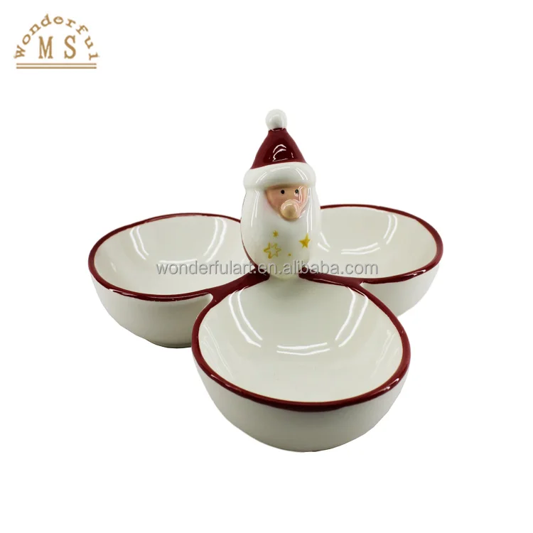 Oem 3d Style tray Kitchenware Ceramic porcelain deer triple Seasoning dish sauce Bowls Tableware for Christmas Holiday