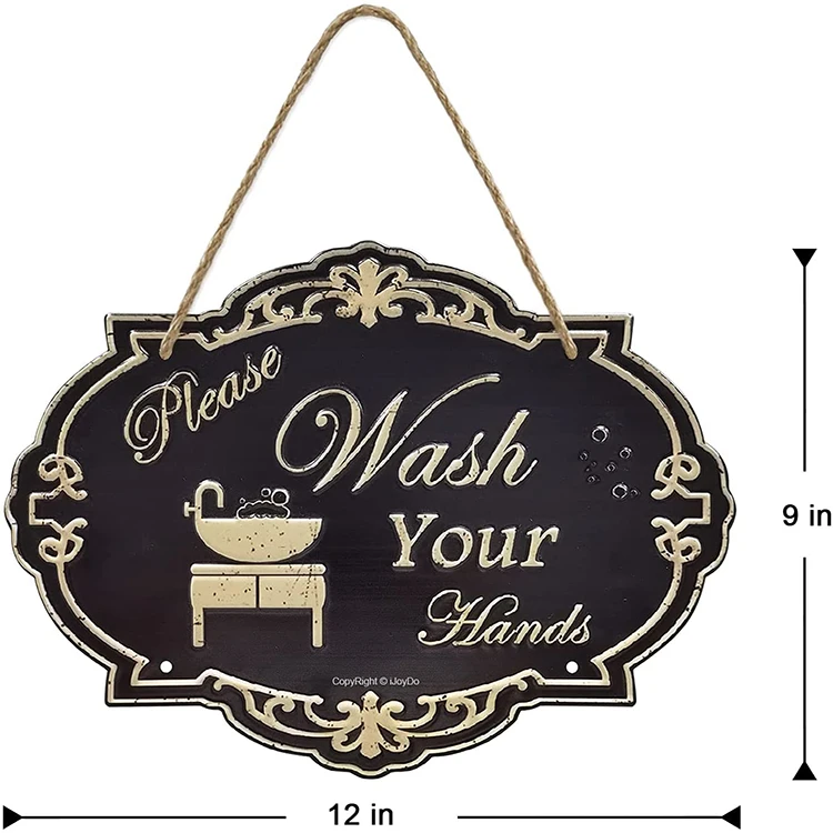 Irregular Shape Embossed Letters Unique Metal Plaque  12X9Inch Please Wash Your Hand Metal Sign for Bathroom Kitchen Decor