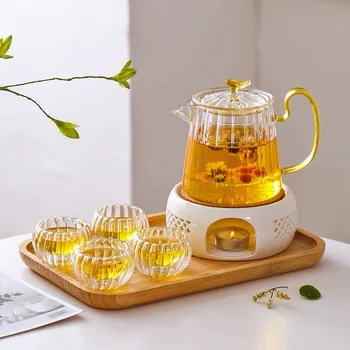 Wholesale Exquisite Style 600ml Flowers Tea Teapot With Infuser Glass Teapot With Cup Drinking Set