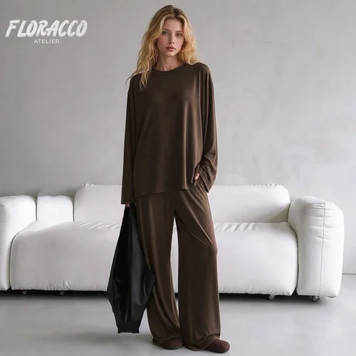 New Spring/summer Soft and Comfortable Knitted Rayon Long-sleeve Pajama Set (top and Pants) - Wholesale Cross-border Loungewear