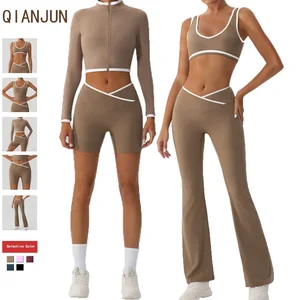 Wholesale Plus Size Activewear Yoga Set Cropped Jacket Yoga Set High Waisted Yoga Leggings Seamless Sportswear