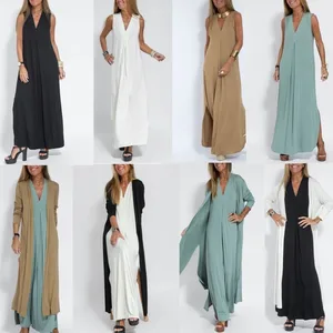 New Women's Solid Color Pullover V-neck Dress Cardigan Jacket Set