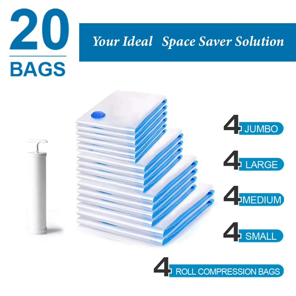 20 Pack Polyester Cloth Travel Strong Vac Space Saving Vacuum Storage Bags Set for Clothes With Electric Air Pump Walmart