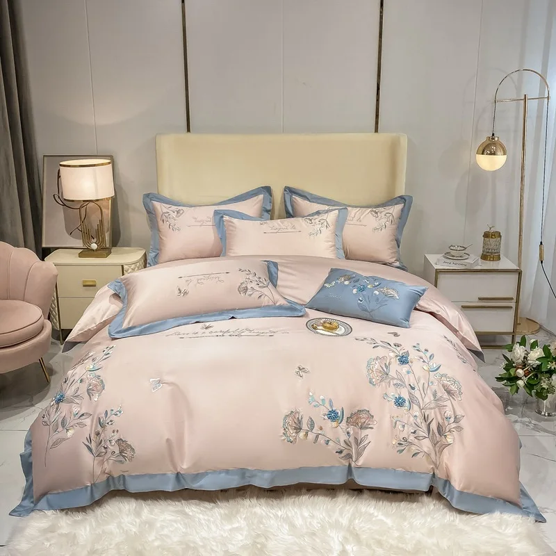 Modern High-End 180 Yarn Count Long Staple Cotton Quilt Cover Set Four-Piece Bedding Set with Plant Flower Embroidery Sheet factory