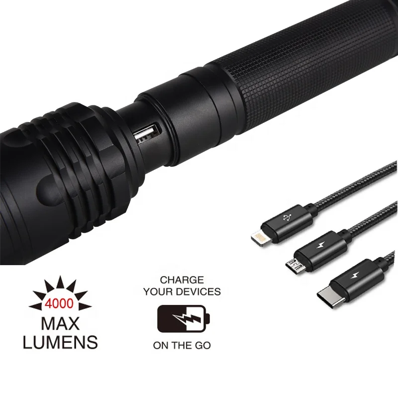 Bright High Power Custom Able Aluminium High Power Rechargeable Zoom Rechargeable Led Flashlight with Power Bank Flashlight