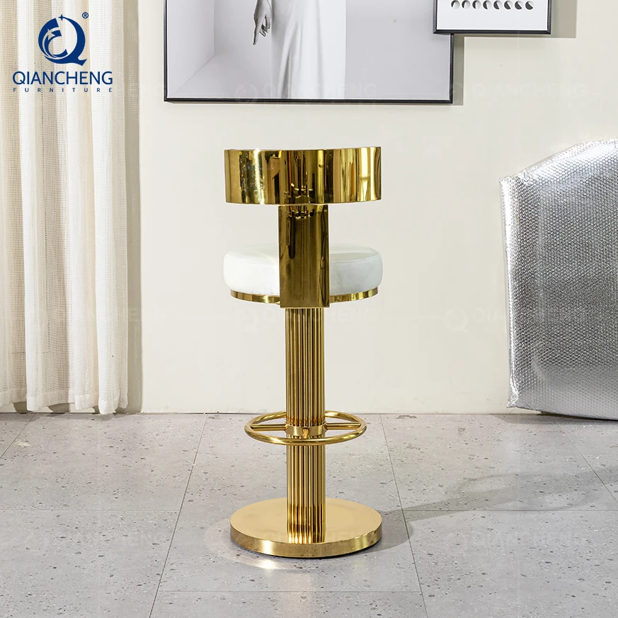 Высококачественный Современный барный стул QIANCHENG, Золотая рама из нержавеющей стали, роскошный высокий поворотный барный стул
