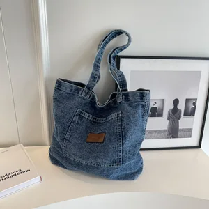 Custom  Denim Tote Bag Jean Tote Bag with Zipper Closure  Lightweight Literary Shoulder Bag Open Closure