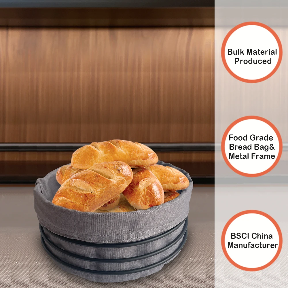 European Germany New Style Metal Canvas Bread Baskets Matt Black Round Toast Baguette Bread Holder With Grey Cloth Liner Bag