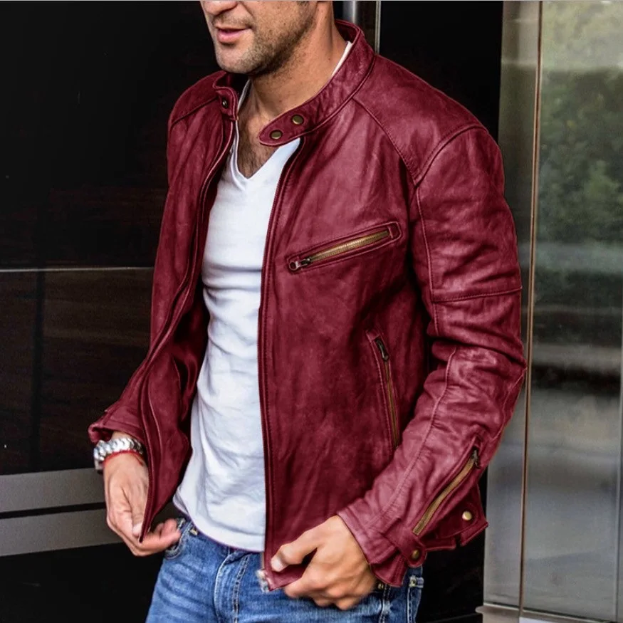 Men's Leather Jacket High-grade Stand Collar Motorcycle Style_voghion.com