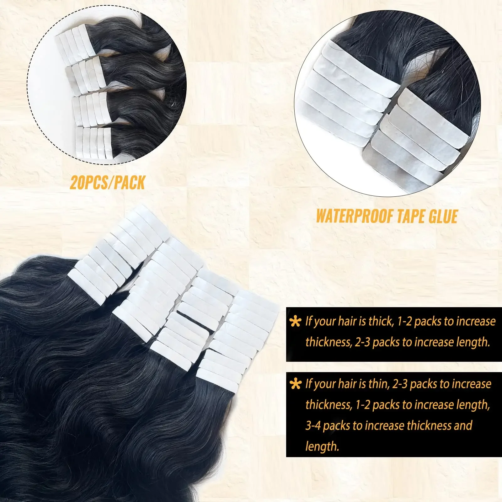 Fita Body Wave em extensão de cabelo humano cor natural Remy trama adesiva alta qualidade #1B para salão_voghion.com