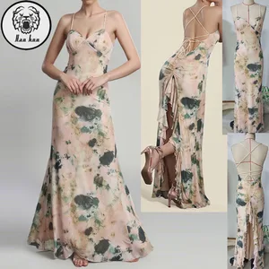 Custom Fashion Printed Ruffled Backless Women Summer Seaside Casual Spaghetti Maxi Dresses