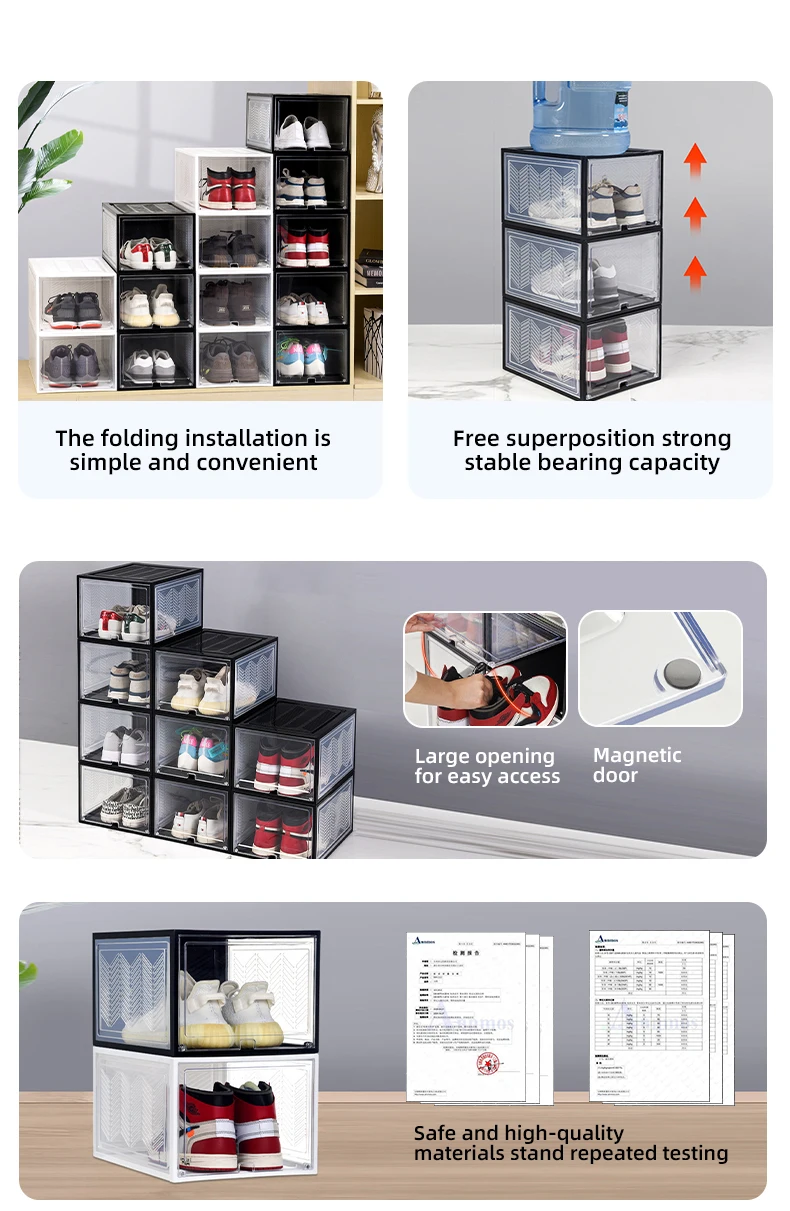 Wannuo Black&White Clear Shoe Case Storage Box Stackable Plastic Folding Shoe Boxes 2pcs Transparent Shoe Box With Magnetic Door manufacture