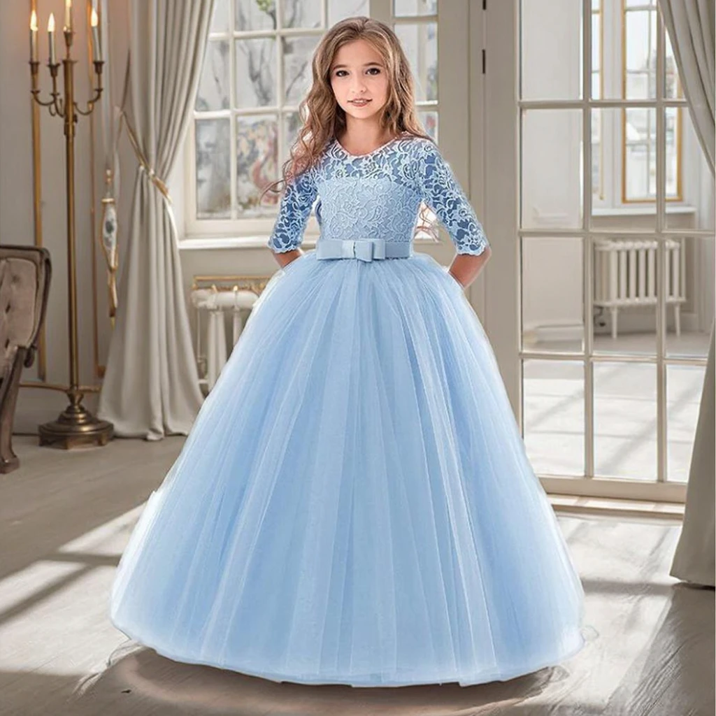 Elegant Solid Pattern Lace Chiffon Kids Dress for Girls