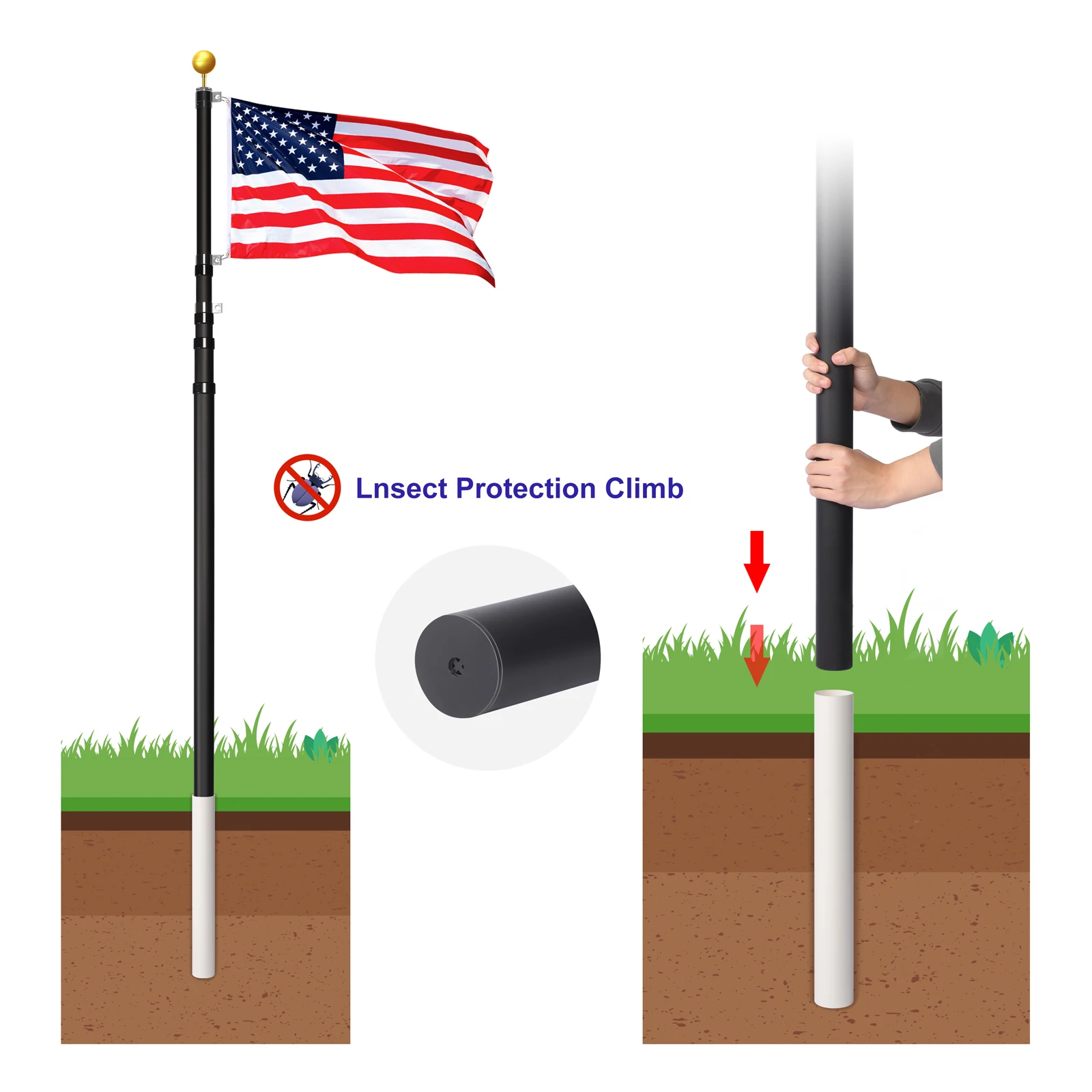 20ft 25ft 30ft Black Telescoping Oxidized Aluminium Flag Pole With Flag