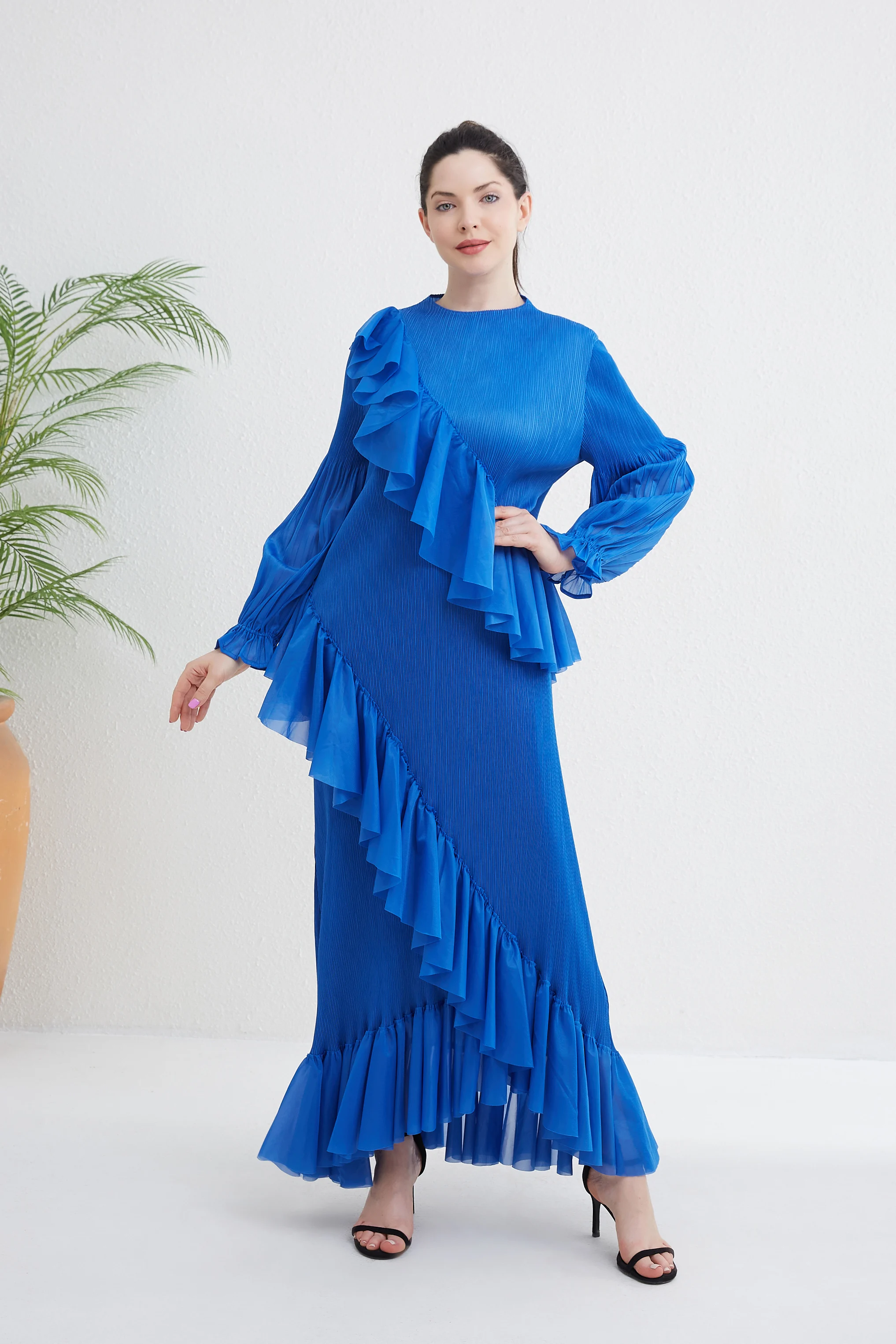 Wholesale casual dresse printed pleated long fashion modest loose long gown for ladies dress elegant pleated clothes wing dresses for women,2 Pieces