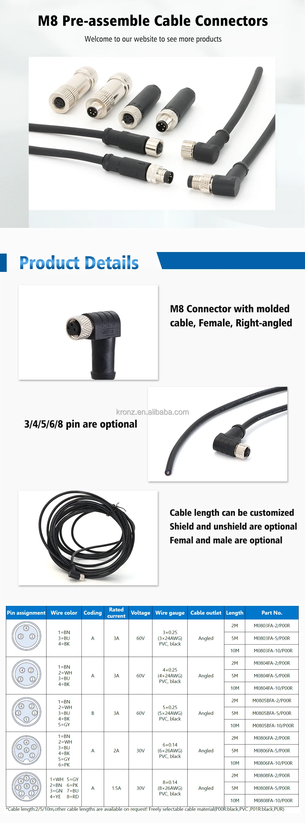 KRONZ Pre-Assembled Female Angled M8 Circular Connector with IEC 61076-2-101 Standard
