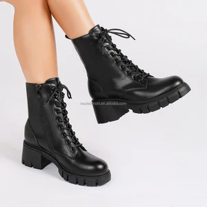 3036-2 Customized logo Autumn Winter Fashion Classic Lace up Women Western Short Boots Black Round Toe Ankle Boots