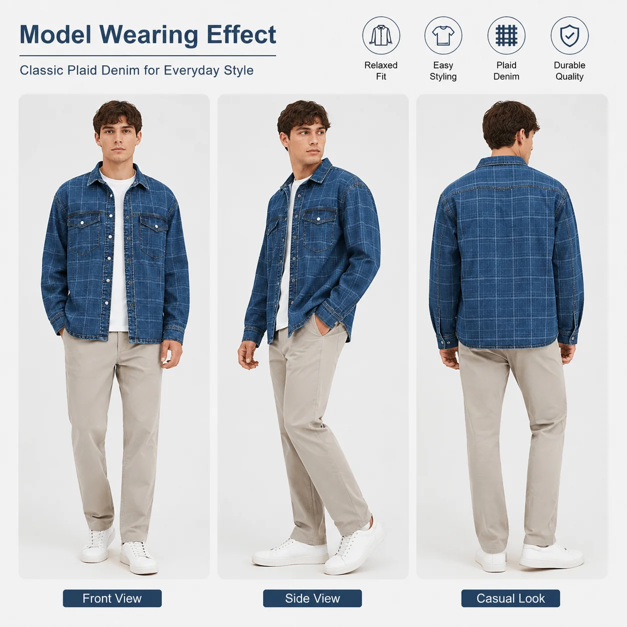 Mens Blue Plaid Denim Shirt Jacket and Wide Leg Pants Set Casual Long Sleeve Outfit