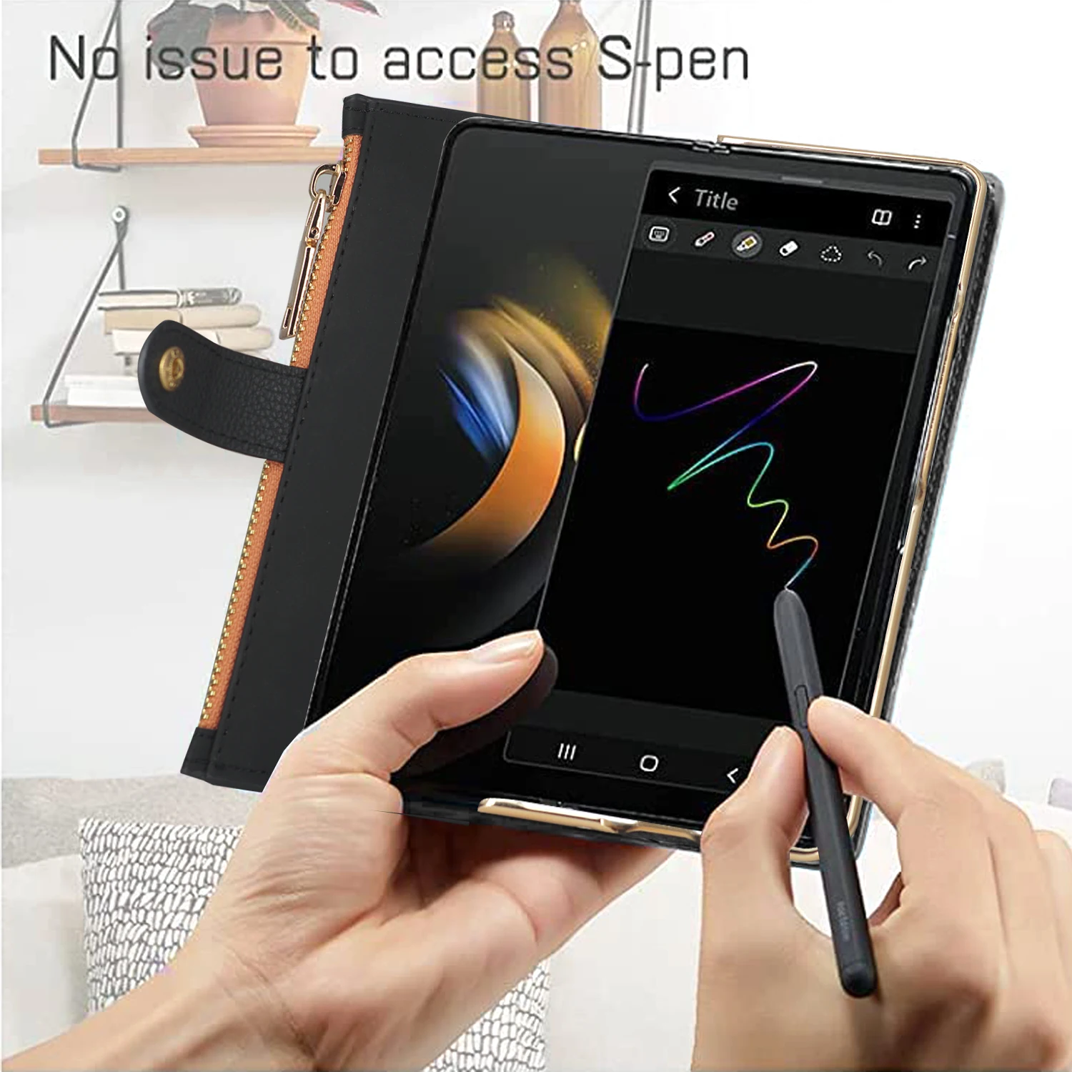 Zipper PU Leather Wallet Card Slots With Pen Solt Stand Case for Samsung Galaxy Z Fold 7 6 5 4 3 Wrist Strap With Tempered Glass