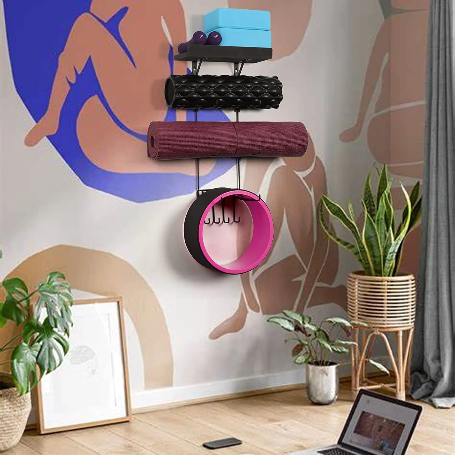 3 Layers Black Metal Wall Mount Yoga Mat Foam Roller And Towel Rack ...