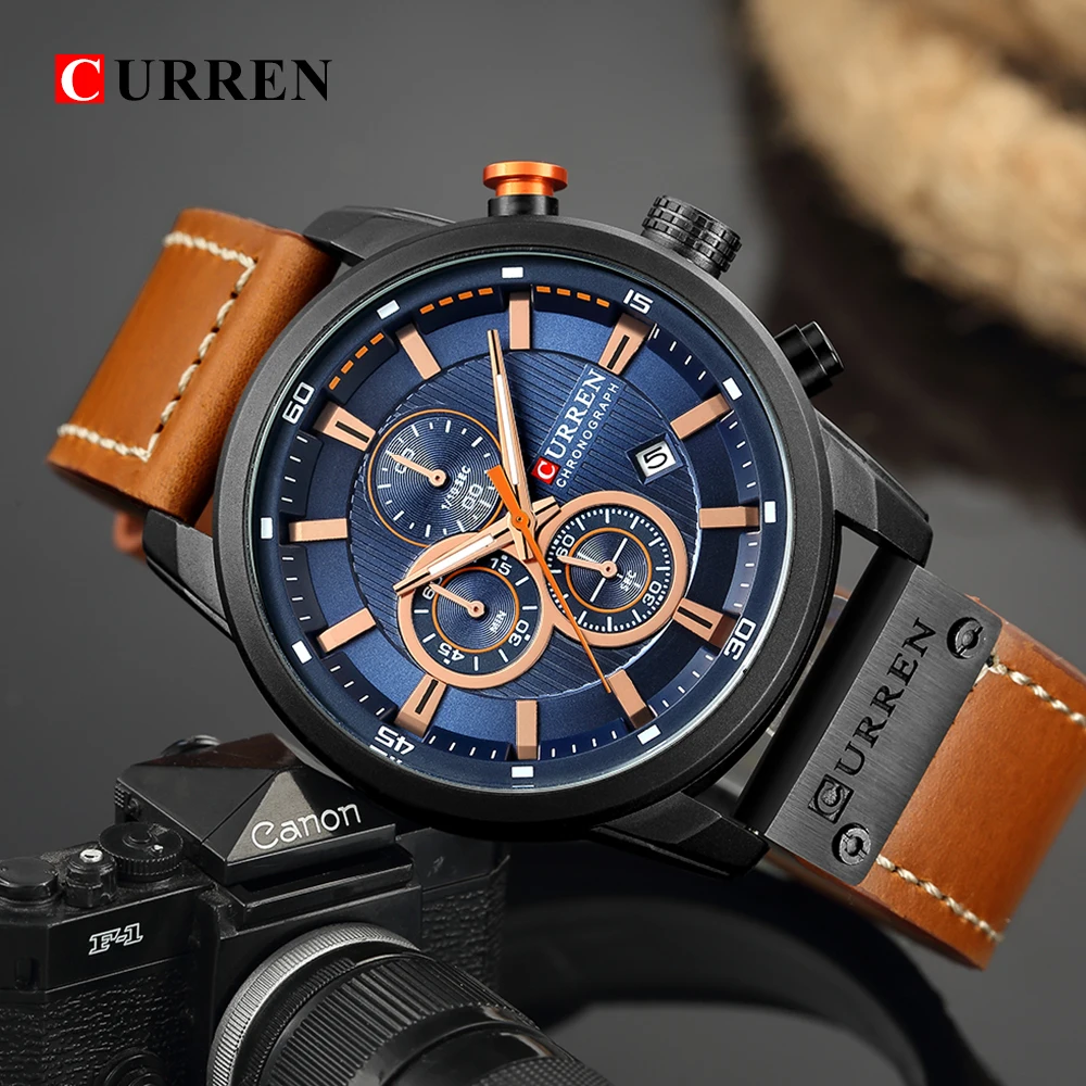 Curren 8291 Fashion Quartz Relogio Masculino Rose Gold Case Watches Chronograph Leather Casual Calendar Waterproof Watch for Men