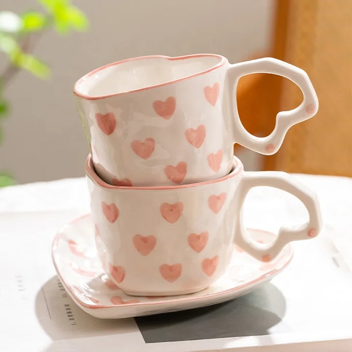 Creative Heart Shaped Mug Hand Painted love Heart Ceramic Coffee Cup and Saucer Valentines Day Gift Mugs