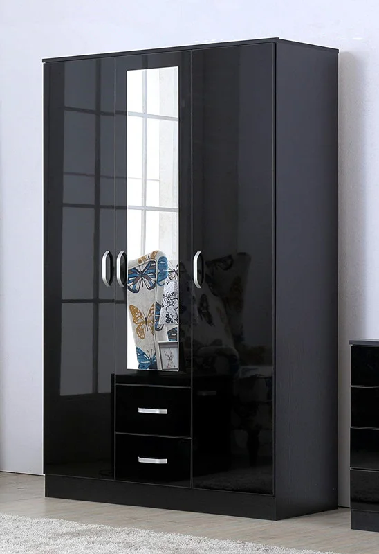 Modern Design Mdf Wood Beech Color 3 Doors 2 Drawers Wardrobe With 2 Mirrors Wooden Storage Closet for Bedroom