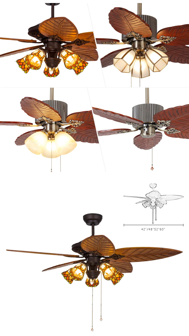 52 inch Tiffany Solid Wood Leaf Ceiling Fan Light Restaurant Fan Pendant Light Living Room Ceiling Fan with Light