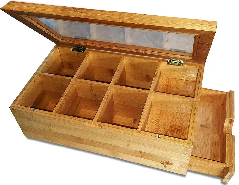 REFURBISHHOUSE Tea Box Natural Chest with Clear Hinged Lid 8 Storage Sections with Expandable Drawer