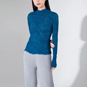 Miyake Pleated High Quality Women's Irregular Shirt Tops Casual Style Elastic Stretch Women's Blouses & Shirts