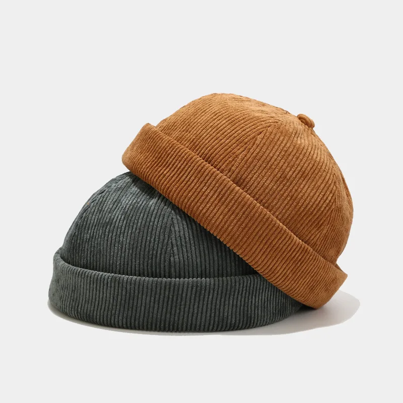 Chapeau Docker Homme Velours Côtelé Sans Bord - Casquette Rétro Beanie Cuff Roulé Noir - Style Vintage Confortable