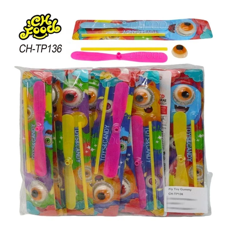 Wholesale and Custom Halal Cheap Plastic Propeller Toy with Eye Gummy Jelly Candy Sweet for Kids Bamboo Dragonfly Candy Toy